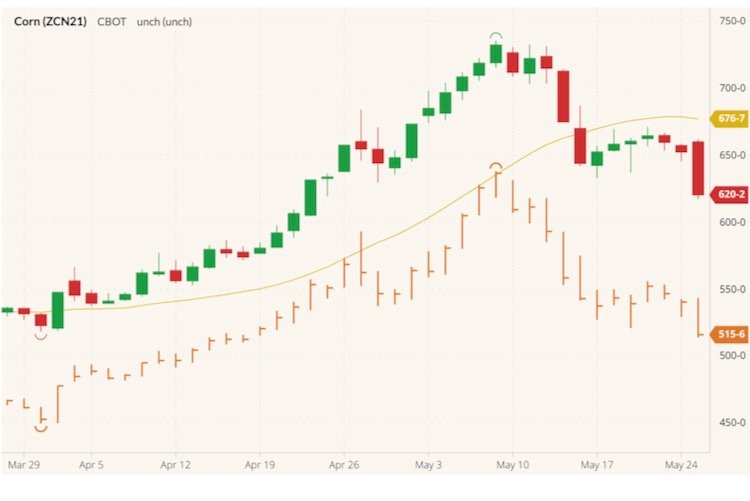 CBOT July 2021 corn (candlesticks) with 20-day moving average (yellow line) and December 2021 corn (orange high/low/close). (Barchart)
