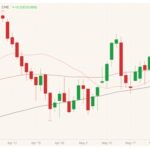 CME August 2021 live cattle (candlesticks) with 20-, 50- and 100-day moving averages (pink, brown, black lines). (Barchart)