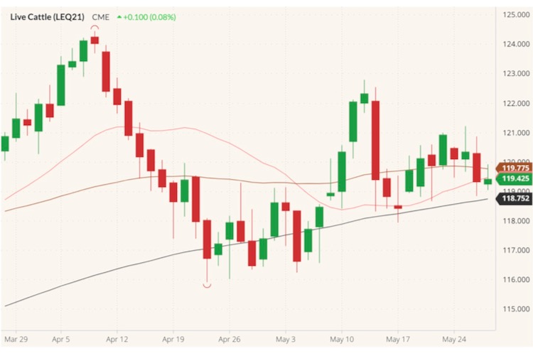 CME August 2021 live cattle (candlesticks) with 20-, 50- and 100-day moving averages (pink, brown, black lines). (Barchart)
