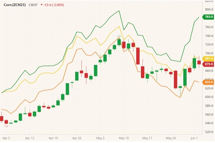 CBOT July 2021 corn (candlesticks) with CBOT July 2021 wheat, K.C. July 2021 wheat and MGEX July 2021 spring wheat (yellow, orange and green lines respectively). (Barchart)
