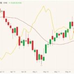 CME August 2021 feeder cattle (candlesticks) with 20-day moving average (red line) and CBOT July 2021 corn (yellow line). (Barchart)