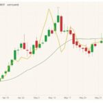 CBOT July 2021 soybeans (candlesticks) with 20-day moving average (dark green line) and ICE July 2021 canola (yellow line). (Barchart)