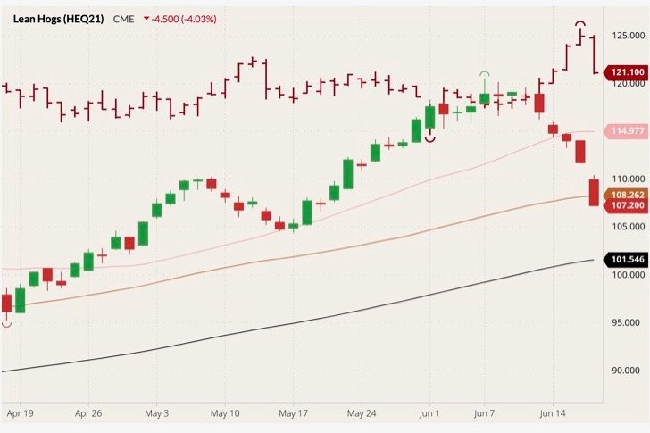 CME August 2021 lean hogs (candlesticks) with 20-, 50- and 100-day moving averages (pink, brown and black lines) and August 2021 live cattle (dark red open/high/low/close). (Barchart)
