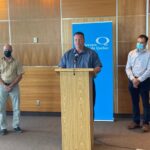 Representatives of les Eleveurs de porcs du Quebec speak Wednesday in Longueuil, calling on Premier Francois Legault to intervene in the strike at Olymel’s Vallee-Jonction hog slaughter plant. (Leseleveursdeporcsduquebec.com)