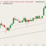 CME December 2021 live cattle (candlesticks) with 20-, 50- and 100-day moving averages (pink, brown and black lines). (Barchart)
