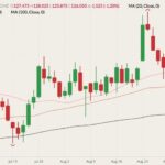 CME October 2021 live cattle (candlesticks) with 20-, 50- and 100-day moving averages (pink, brown and black lines). (Barchart)
