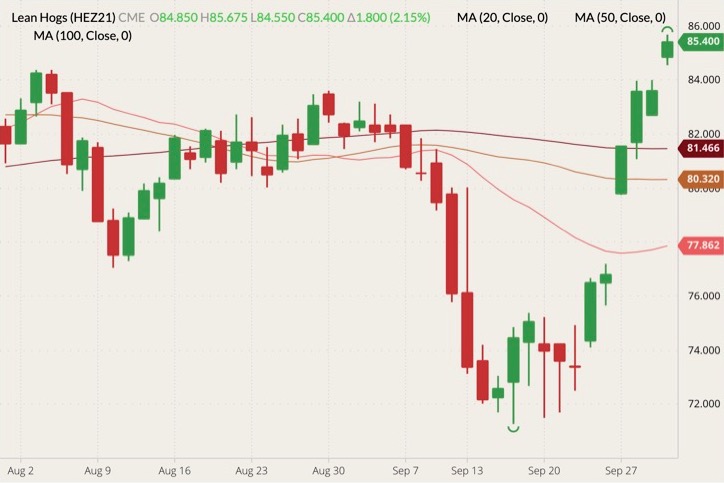 CME December 2021 lean hogs (candlesticks) with 20-, 50- and 100-day moving averages (pink, brown and dark red lines). (Barchart)
