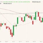 CME December 2021 live cattle (candlesticks) with 20-, 50- and 100-day moving averages (pink, dark red and black lines). (Barchart)