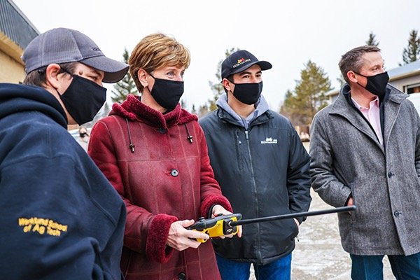 Federal Agriculture Minister Marie-Claude Bibeau (second from left) and Nate Horner (right), her Alberta counterpart, during a tour of Olds College’s Smart Farm on Thursday. (Photo: Olds College/Sergei Belski, www.oldscollege.ca)
