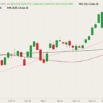 CME February 2022 live cattle (candlesticks) with 20-, 50- and 100-day moving averages (pink, dark red and black lines). (Barchart)