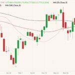 CME February 2022 lean hogs (candlesticks) with 20-, 50- and 100-day moving averages (pink, dark red and black lines). (Barchart)
