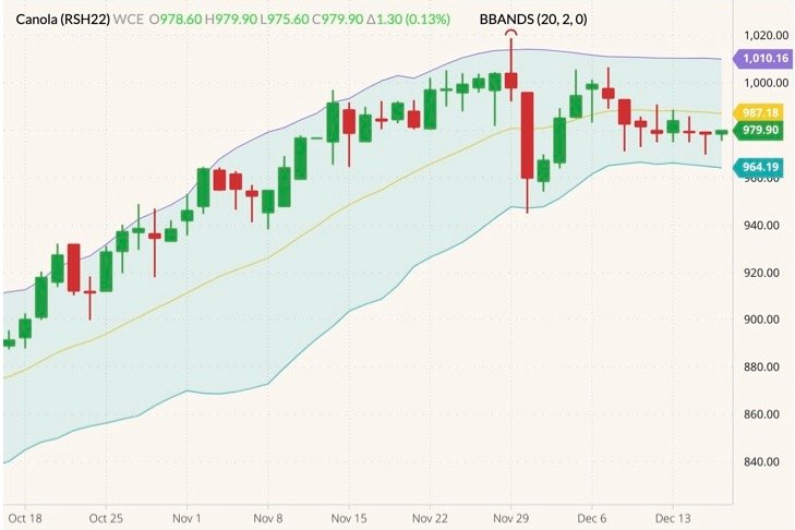 ICE March 2022 canola (candlesticks) with Bollinger bands (20,2). (Barchart)
