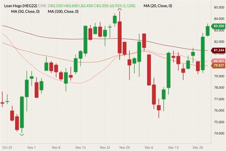 CME February 2022 lean hogs (candlesticks) with 20-, 50- and 100-day moving averages (pink, brown and dark red lines). (Barchart)
