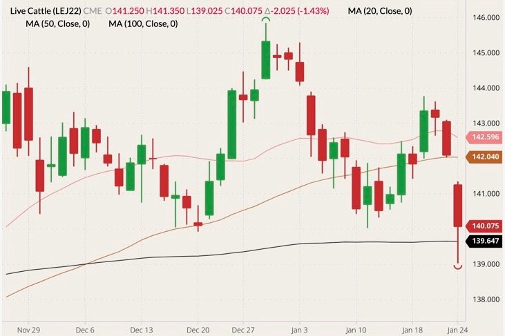 CME April 2022 live cattle (candlesticks) with 20-, 50- and 100-day moving averages (pink, brown and black lines). (Barchart)

