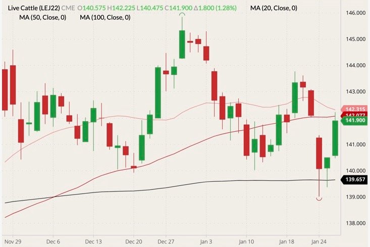 CME April 2022 live cattle (candlesticks) with 20-, 50- and 100-day moving averages (pink, dark red and black lines). (Barchart)
