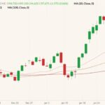 CME April 2022 lean hogs (candlesticks) with 20-, 50- and 100-day moving averages (pink, brown and dark red lines). (Barchart)