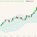 CBOT March 2022 soybeans (candlesticks) with Bollinger bands (20,2). (Barchart)