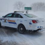 Photo of an RCMP vehicle attending the blockade at Emerson, Man. dated Feb. 11, 2022. (Photo courtesy Manitoba RCMP)