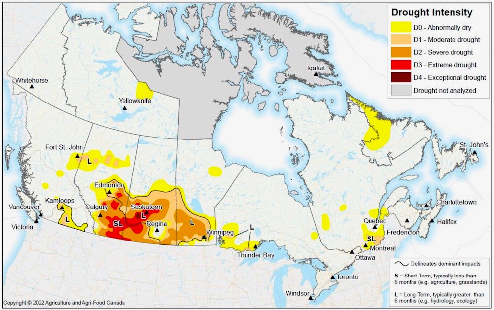Drought conditions in Canada at Feb. 28, 2022. (Map courtesy Agriculture and Agri-Food Canada)
