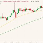 CBOT May 2022 soybeans (candlesticks) with 20- and 50-day moving averages (yellow and green lines). (Barchart)
