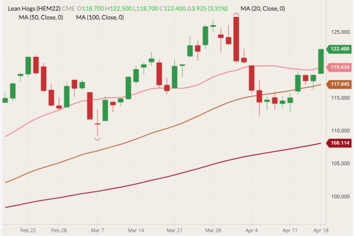 CME June 2022 lean hogs (candlesticks) with 20-, 50- and 100-day moving averages (pink, brown and dark red lines). (Barchart)
