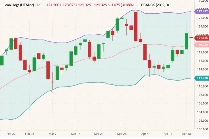 CME June 2022 lean hogs (candlesticks) with Bollinger bands (20,2). (Barchart)
