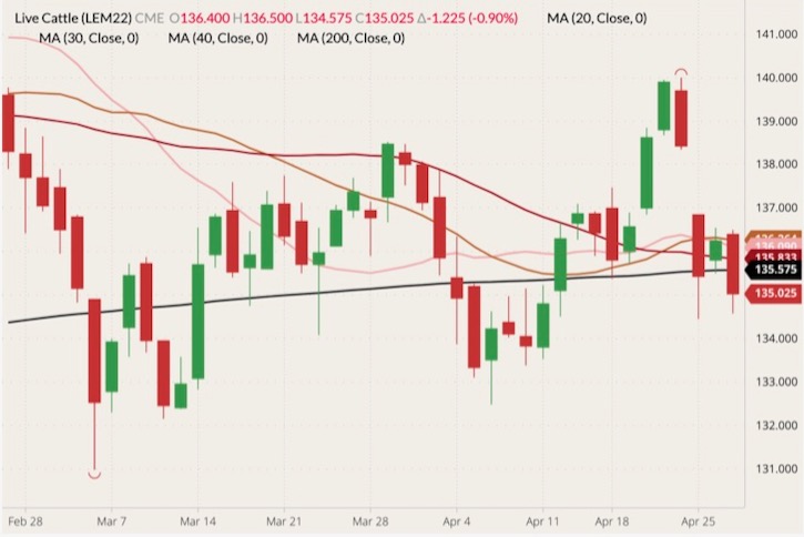 CME June 2022 live cattle (candlesticks) with 20-, 30-, 40- and 200-day moving averages (pink, brown, dark red and black lines). (Barchart)
