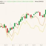 MGEX July 2022 spring wheat (candlesticks) with CBOT July 2022 wheat (yellow line) and K.C. July 2022 hard red wheat (orange line). (Barchart)