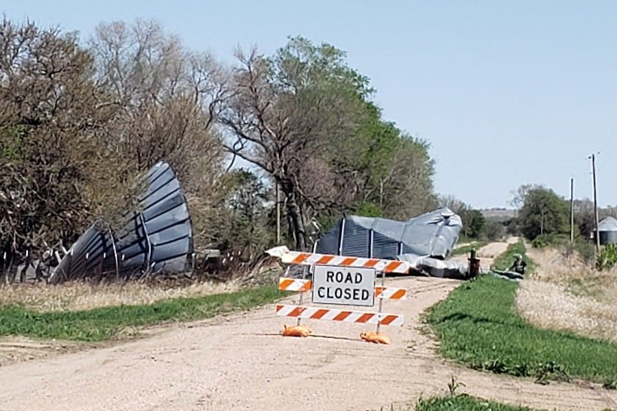 A grain storage bin lay on a gravel road near Litchfield, Nebraska, about 230 km west of Lincoln, after high winds swept across the U.S. Great Plains and upper Midwest, in this still image from a social media video. (Kevin Fulton image via Reuters)
