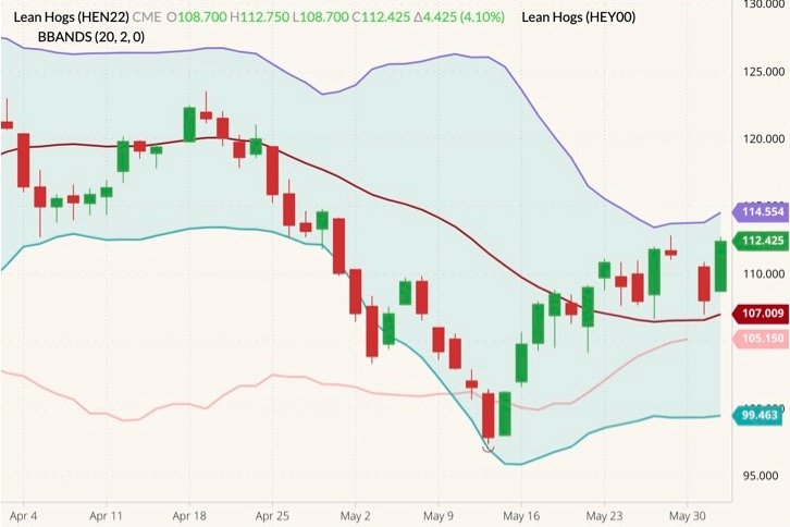CME July 2022 lean hogs (candlesticks) with Bollinger bands (20,2) and CME lean hog index (pink line). (Barchart)
