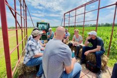 File photo of federal Agriculture Minister Marie-Claude Bibeau on a tour of one of the original ‘Living Lab’ sites in Quebec that led up to the launch of the national ACS program in 2021. (Photo courtesy Agriculture and Agri-Food Canada)