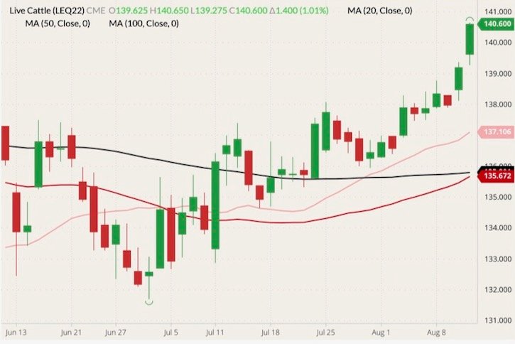 CME August 2022 live cattle (candlesticks) with 20-, 50- and 100-day moving averages (pink, red and black lines). (Barchart)
