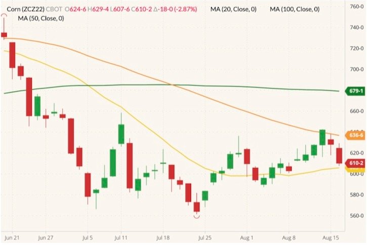 CBOT December 2022 corn (candlesticks) with 20-, 50- and 100-day moving averages (yellow, orange and green lines). (Barchart)

