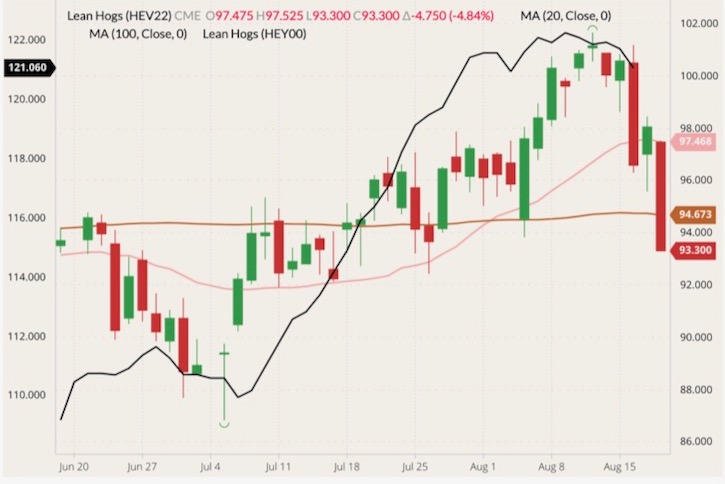 CME October 2022 lean hogs (candlesticks, right column) with 20- and 100-day moving averages (pink and brown lines) and CME cash lean hog index (black line, left column). (Barchart)
