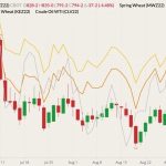 CBOT December 2022 wheat (candlesticks, right column) with MGEX and K.C. December 2022 wheats (yellow and orange lines, right column) and October 2022 West Texas Intermediate (WTI) crude (gray line, left column). (Barchart)