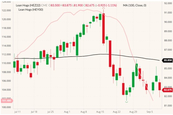 CME December 2022 lean hogs (candlesticks) with 100-day moving average (black line, right column) and CME cash lean hog index (pink line, left column). (Barchart)
