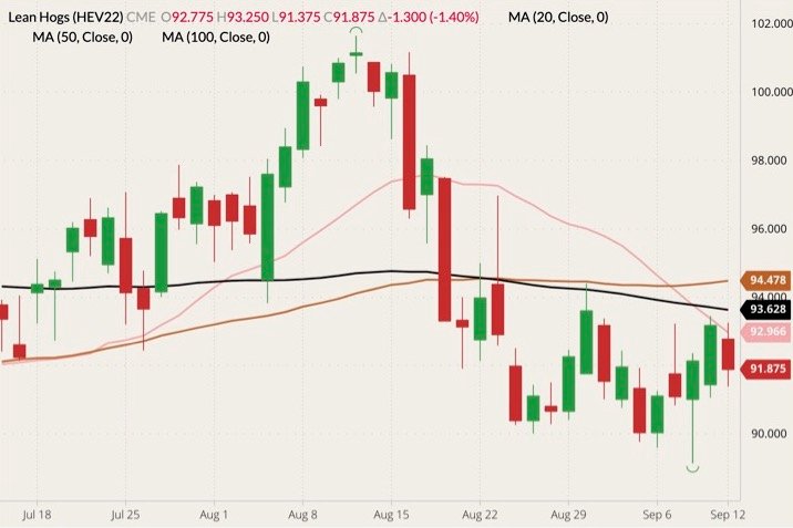 CME October 2022 lean hogs (candlesticks) with 20-, 50- and 100-day moving averages (pink, brown and black lines). (Barchart)
