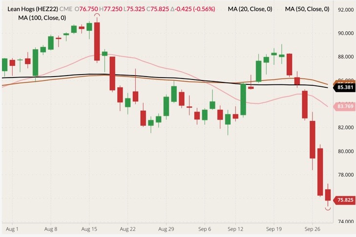 CME December 2022 lean hogs (candlesticks) with 20-, 50- and 100-day moving averages (pink, brown and black lines). (Barchart)
