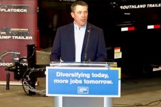 Nate Horner, shown here speaking Oct. 4, 2022 at Southland Trailers at Lethbridge, was named Oct. 21 as Alberta’s minister of agriculture and irrigation. (Alberta government video screengrab via YouTube)