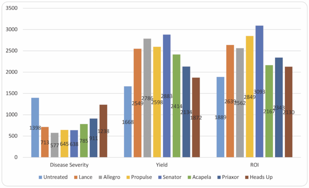 Figure 1: White mould disease severity (AUDPC1), dry bean yield (kg/ha) and return on investment ($/ha) at Huron Research Station, 2012-13. (Bars within a group (location and year) with the same letter are not significantly different (P