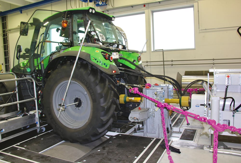 DLG’s test centre also has the ability to test multiple systems on a tractor simultaneously. Here tractor power is being used for PTO and hydraulic systems as well as pulling.