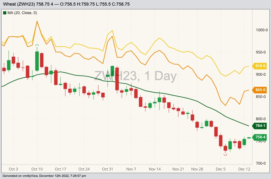 CBOT March 2023 soft red winter wheat with 20-day moving average (green line), MGEX March 2023 hard red spring wheat (yellow line) and K.C. March 2023 hard red winter wheat (orange line). (Barchart)
