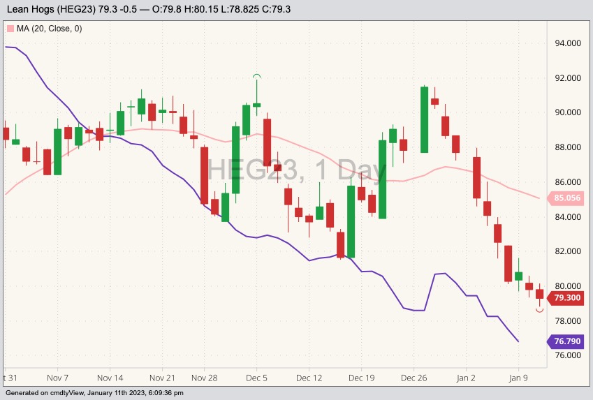 CME February 2023 lean hogs with 20-day moving average (pink line) and CME cash lean hog index (purple line). (Barchart)
