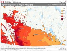 Highest temperatures over the seven-day period ending Jan. 23, 2023. (Agriculture and Agri-Food Canada)