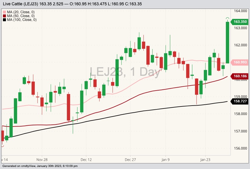 CME April 2023 live cattle with 20-, 50- and 100-day moving averages. (Barchart)
