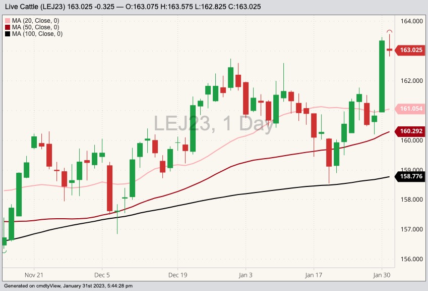 CME April 2023 live cattle with 20-, 50- and 100-day moving averages. (Barchart)
