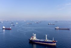 Commercial vessels  –including vessels which are part of the Black Sea grain deal — wait to pass the Bosphorus strait off the shores of Yenikapi during a misty morning in Istanbul, Turkey on Oct. 31, 2022. (Photo: Reuters/Umit Bektas)