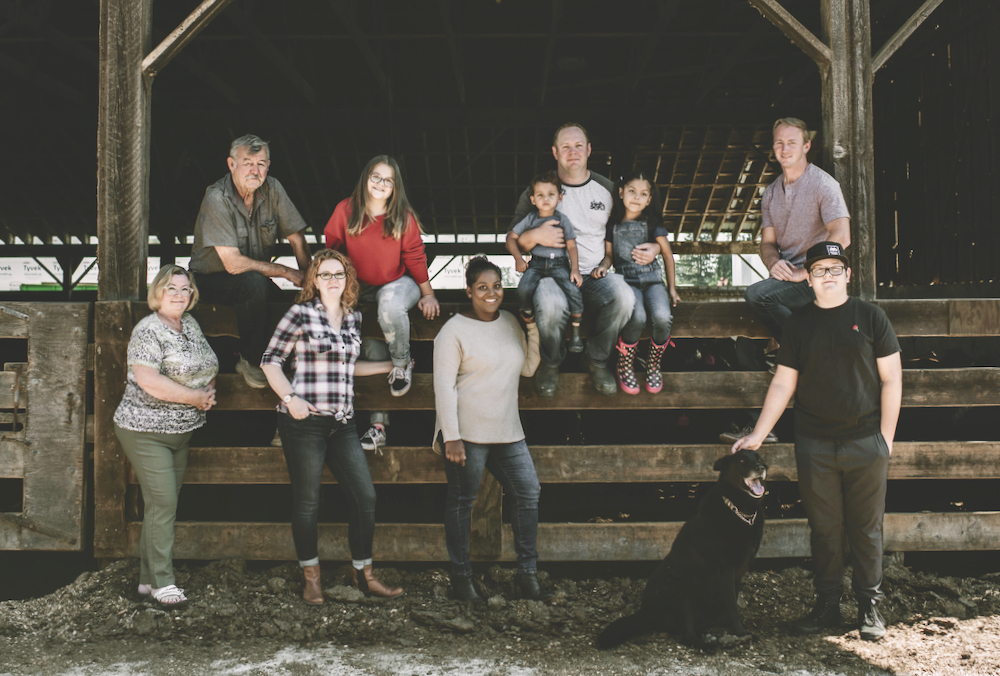 Four generations of Hopcotts, with parents Bob and Debbie, left, Jennifer beside her mom, Brad (centre, top) and Travis beside him.