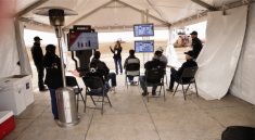 Journalists moved between different “stations” in the field at Maricopa, Arizona, to hear from product specialists on new machines.