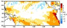 Sea surface temperature (SST) anomalies in degrees Celsius over the tropical Pacific Ocean for the week centred on April 12, 2023. (CPC.ncep.noaa.gov)
